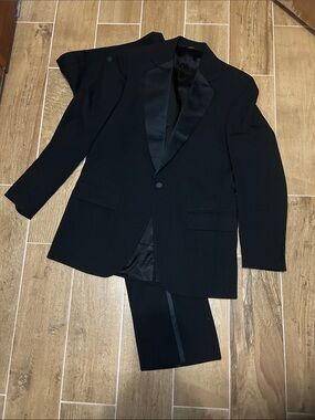 Classic Black Satin Lapel Tuxedo Jacket and Pants